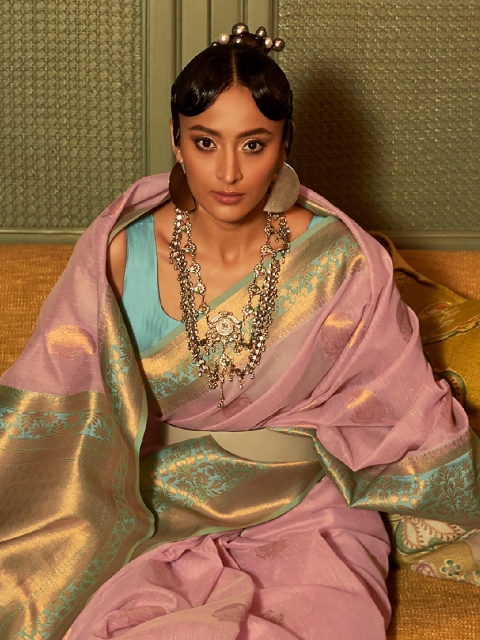 

Mitera Pink & Gold-Toned Woven Design Zari Pure Linen Banarasi Saree