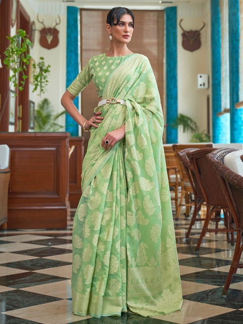 

Mitera Green & Gold-Toned Ethnic Motifs Zari Linen Blend Muga Saree