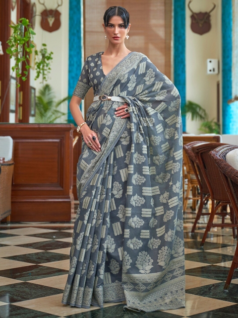 

Mitera Charcoal & Silver-Toned Ethnic Motifs Zari Linen Blend Muga Saree