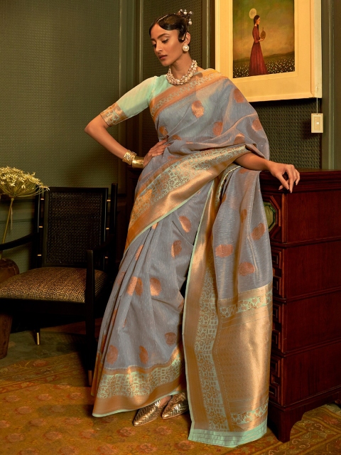 

Mitera Grey & Gold-Toned Woven Design Zari Pure Linen Banarasi Saree