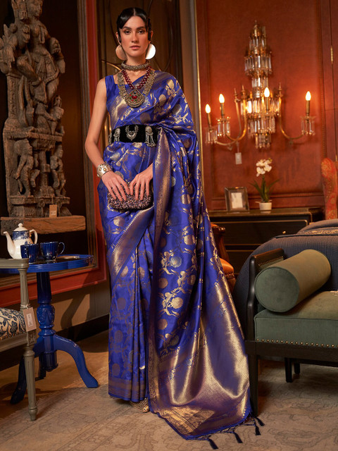 

Mitera Navy Blue & Gold-Toned Ethnic Motifs Zari Silk Blend Banarasi Saree