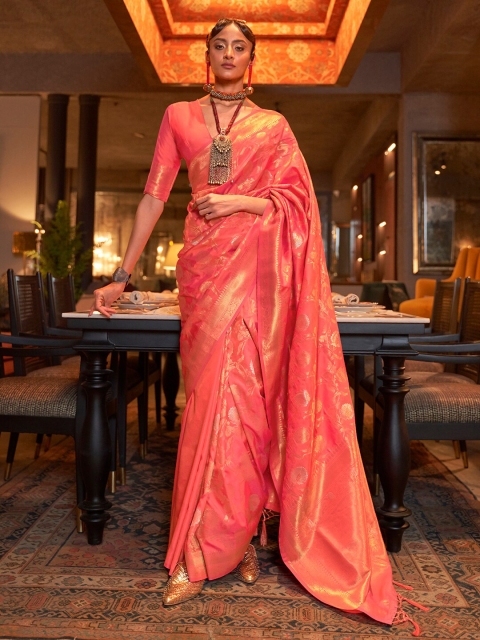 

Mitera Orange & Gold-Toned Ethnic Motifs Zari Silk Blend Banarasi Saree
