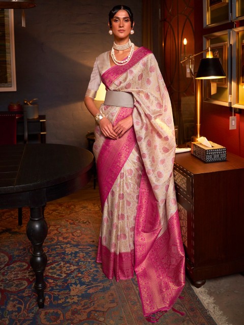 

Mitera Pink & Cream-Coloured Paisley Silk Blend Dharmavaram Saree