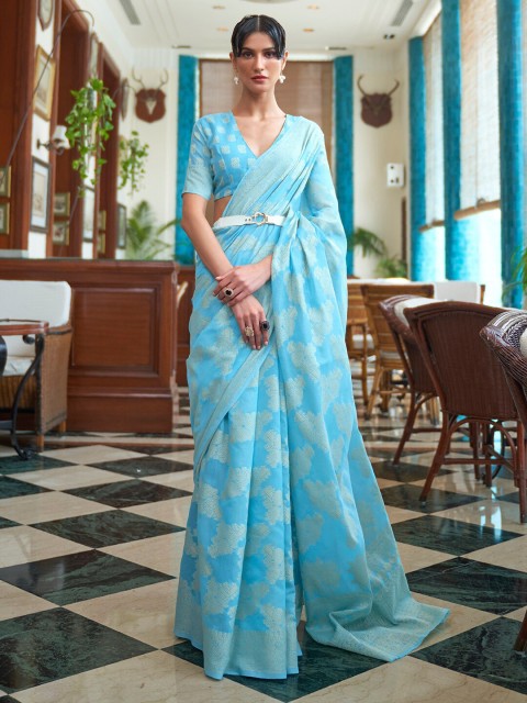 

Mitera Turquoise Blue & Silver-Toned Ethnic Motifs Linen Blend Muga Saree