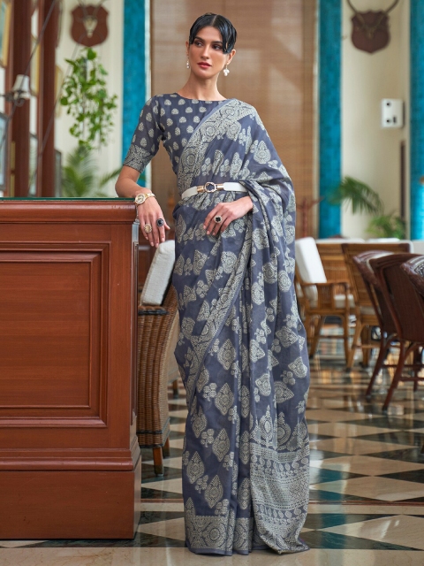 

Mitera Navy Blue & Silver-Toned Floral Zari Linen Blend Muga Saree