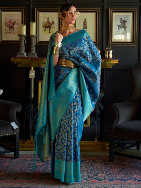 

Mitera Navy Blue & Gold-Toned Paisley Zari Silk Blend Dharmavaram Saree