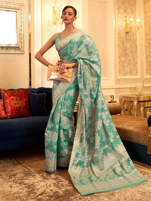 

Mitera Sea Green & Gold-Toned Ethnic Motifs Zari Linen Blend Muga Saree