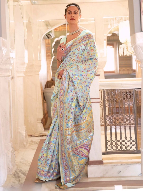 

Mitera Blue & Pink Floral Zari Silk Blend Banarasi Saree