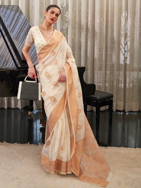 

Mitera Cream-Coloured & Brown Floral Pure Linen Banarasi Saree