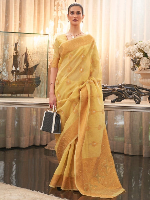 

Mitera Yellow & Gold-Toned Floral Pure Linen Banarasi Saree