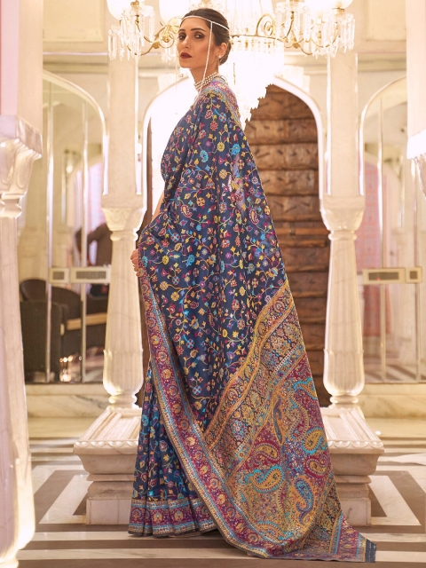 

Mitera Navy Blue & Pink Floral Zari Silk Blend Banarasi Saree