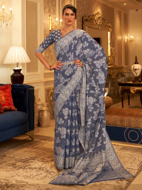 

Mitera Women Navy Blue & Silver-Toned Ethnic Motifs Linen Blend Chikankari Muga Saree