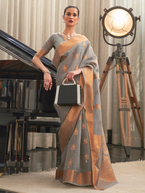 

Mitera Grey & Copper-Toned Floral Pure Linen Banarasi Saree