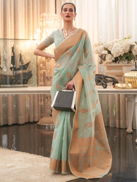 

Mitera Sea Green & Gold-Toned Floral Pure Linen Banarasi Saree