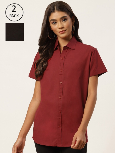

Molcha Women Set Of 2 Black & Maroon Comfort Semiformal Shirt