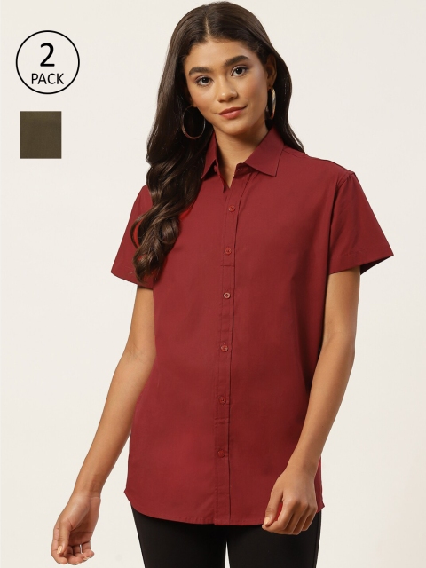 

Molcha Women Set of 2 Maroon & Green Comfort Semiformal Shirt
