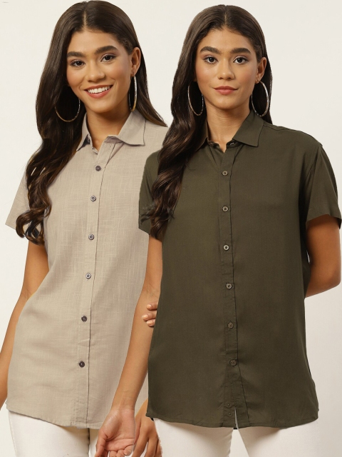 

Molcha Women Set of 2 Beige & Green Comfort Semiformal Shirt