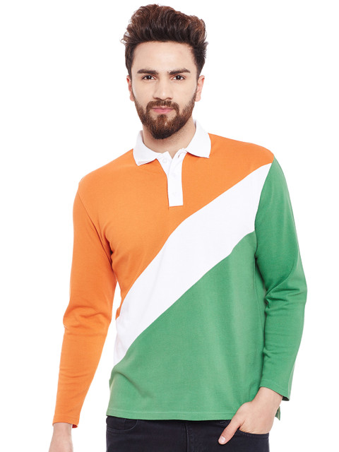 

Hypernation Men Orange & Green Colourblocked Polo Collar T-shirt