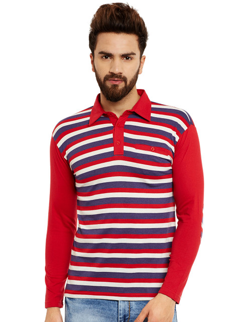 

Hypernation Men Red & Blue Striped Polo Collar T-shirt