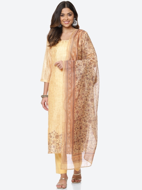 

Meena Bazaar Mustard & Brown Printed Unstitched Dress Material