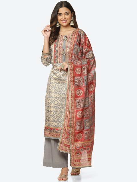 

Meena Bazaar Grey & Red Printed Unstitched Dress Material