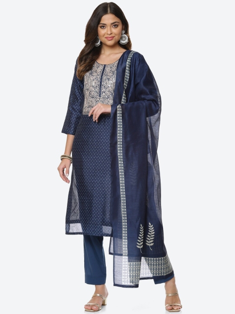

Meena Bazaar Blue & Silver-Toned Embroidered Unstitched Dress Material
