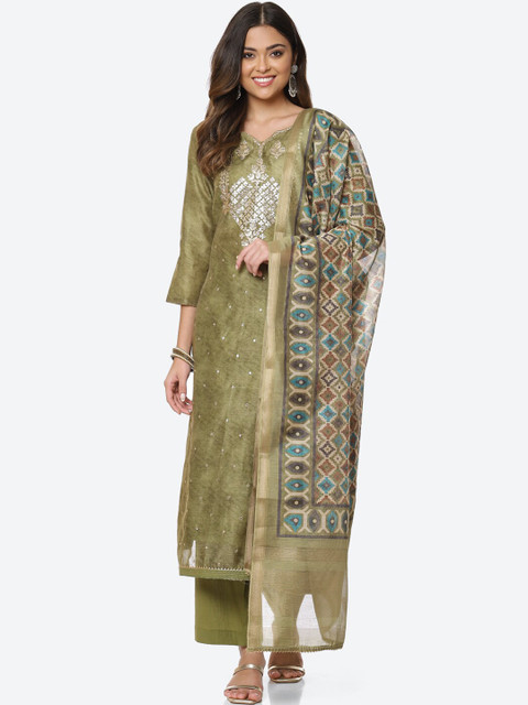

Meena Bazaar Green & Silver-Toned Embroidered Unstitched Dress Material