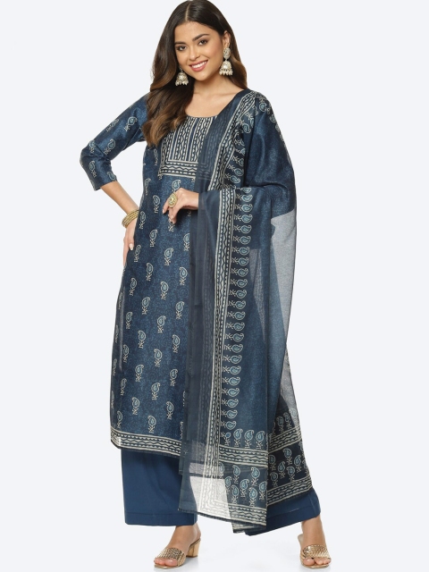 

Meena Bazaar Navy Blue & Off White Printed Unstitched Dress Material