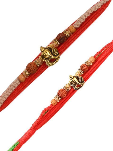 

Arendelle Men Set Of 2 Gold -Toned & Red Ganesha-Studded & Pearl Beaded Rakhi