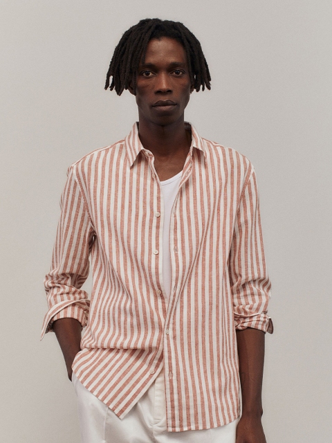

H&M Men Off-white & Rust Linen-blend shirt Slim Fit