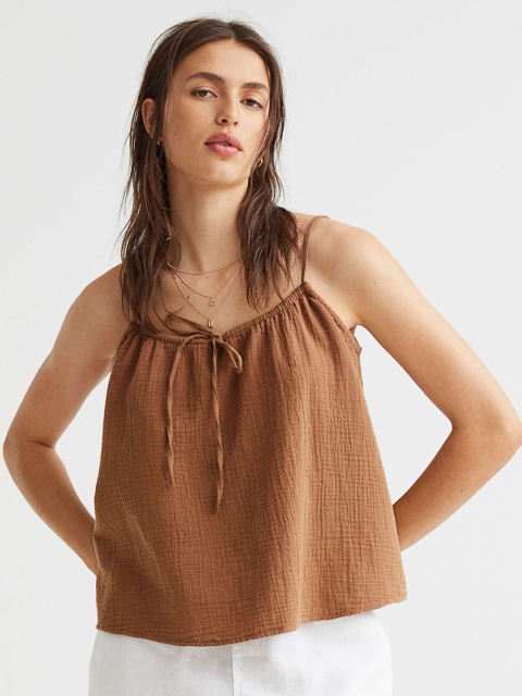 

H&M Women Brown Cotton Bow-Detail Strappy Top