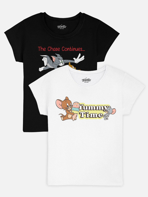 

Kids Ville Girls White & Black Set Of 2 Tom & Jerry Printed Pure Cotton T-shirt