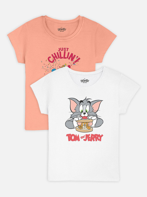 

Kids Ville Girls Pure cotton White & Peach-Coloured Set of 2 Tom & Jerry Printed T-shirt
