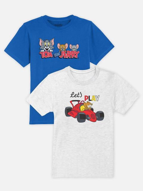 

Kids Ville Boys Blue & White Printed pack of 2 Tom & Jerry Round neck Applique T-shirt