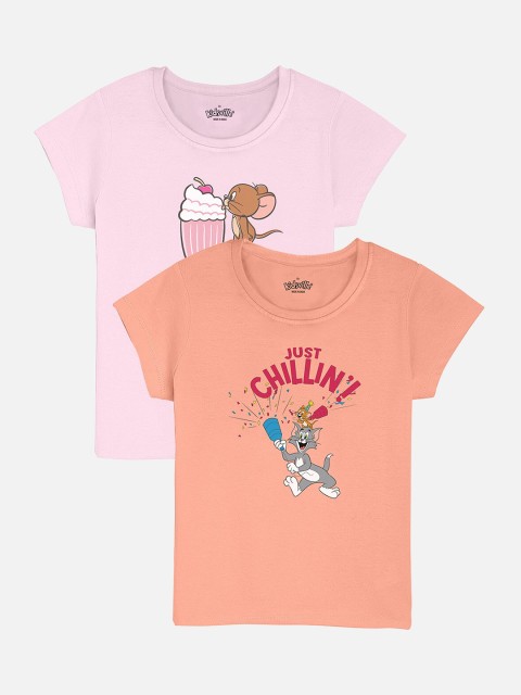 

Kids Ville Girls Orange & Pink Pack of 2 Printed Applique Pure Cotton T-shirt