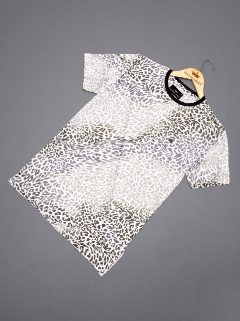 

FRENCH CROWN Men White Camouflage Printed Henley Neck Monochrome Raw Edge T-shirt