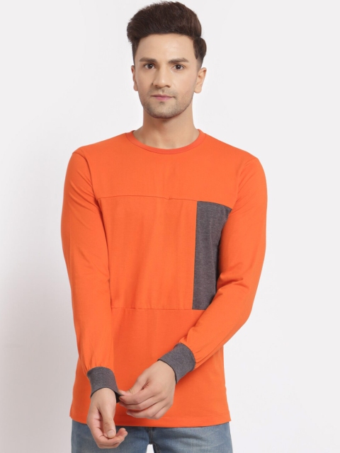 

Kalt Men Orange and Dark Grey Full Sleeves Round Neck Cotton Blend T-shirt