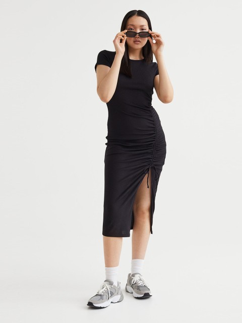

H&M Black Solid Ribbed Drawstring-Detail Bodycon Dress