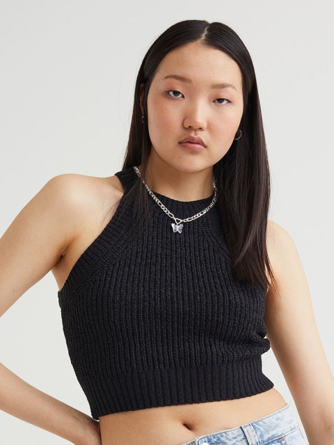 

H&M Black Striped Knitted Crop Top