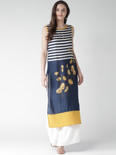 

GERUA Women Navy Printed Straight Kurta, Navy blue