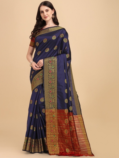 

ZIKARAA Navy Blue & Red Woven Design Zari Silk Cotton Banarasi Saree