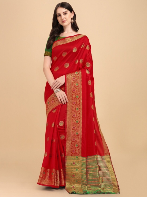 

ZIKARAA Red & Gold-Toned Floral Zari Silk Cotton Banarasi Saree