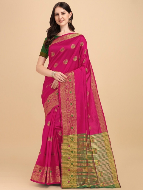 

ZIKARAA Pink & Gold-Toned Floral Zari Silk Cotton Banarasi Saree