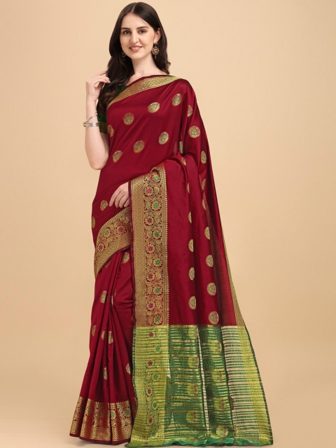 

ZIKARAA Maroon & Green Woven Design Zari Silk Cotton Banarasi Saree