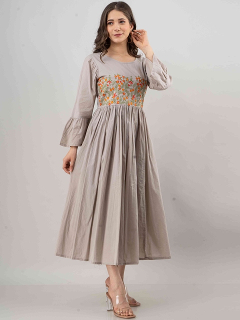 

FASHION DWAR Grey Floral Embroidered Ethnic Drop-Waist Maxi Dress