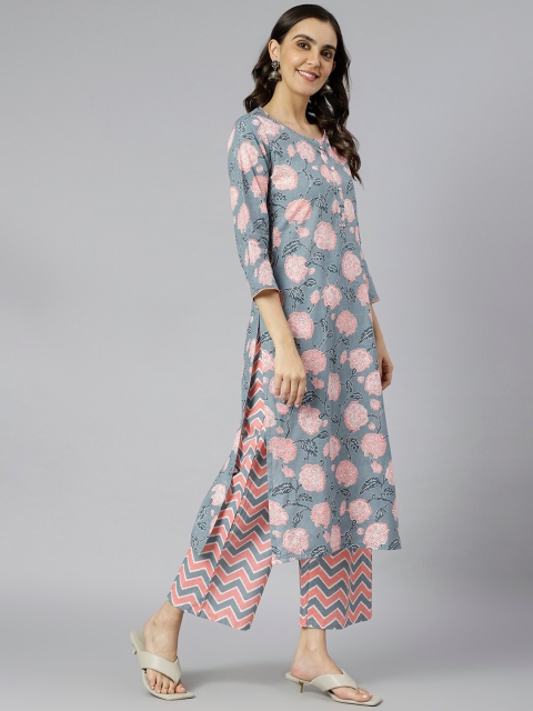 

KALINI Women Grey Floral Printed Straight Kurta with Palazzos