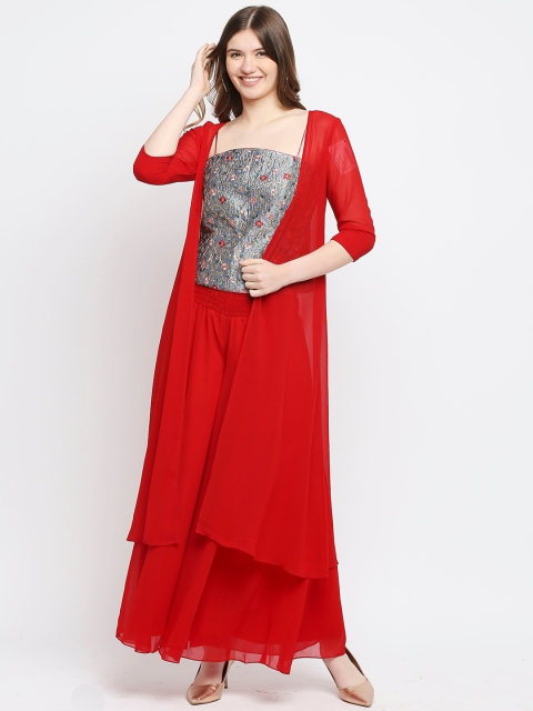 

Ira Soleil Women Red & Grey Embellished Top with Palazzos & Shrug