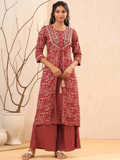

Juniper Women Maroon Printed Layered Thread Work Kurta with Palazzos