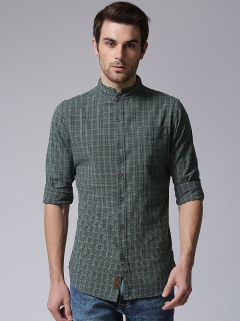 

YWC Men Green & Navy Slim Fit Checked Casual Shirt