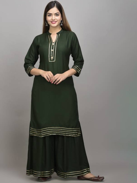 

MIRAVAN Women Green Striped Pleated Gotta Patti Kurti with Sharara